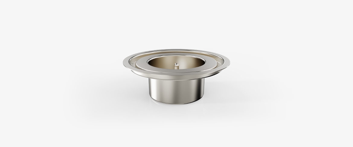 side view of a deep drawn stainless steel pot with integrated drawn axle
